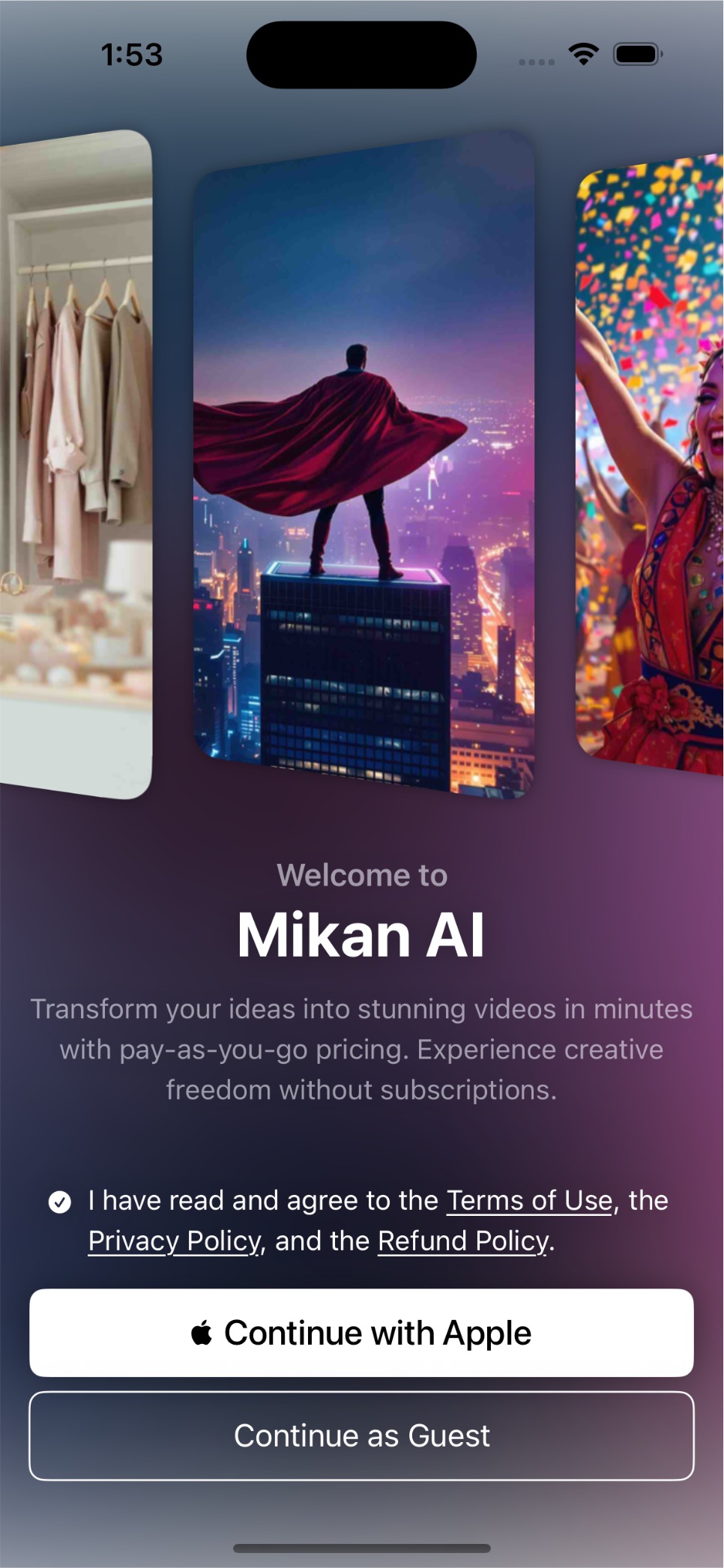 Mikan AI welcome screen showing pay-as-you-go pricing